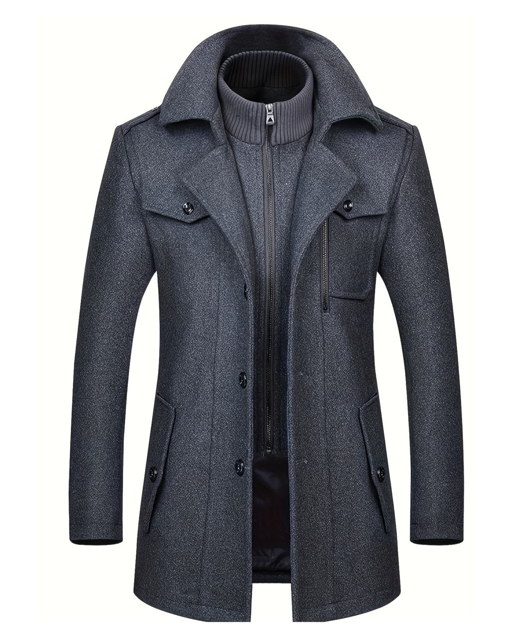 Men's Tweed Wool Trench Coat with Removable Collar