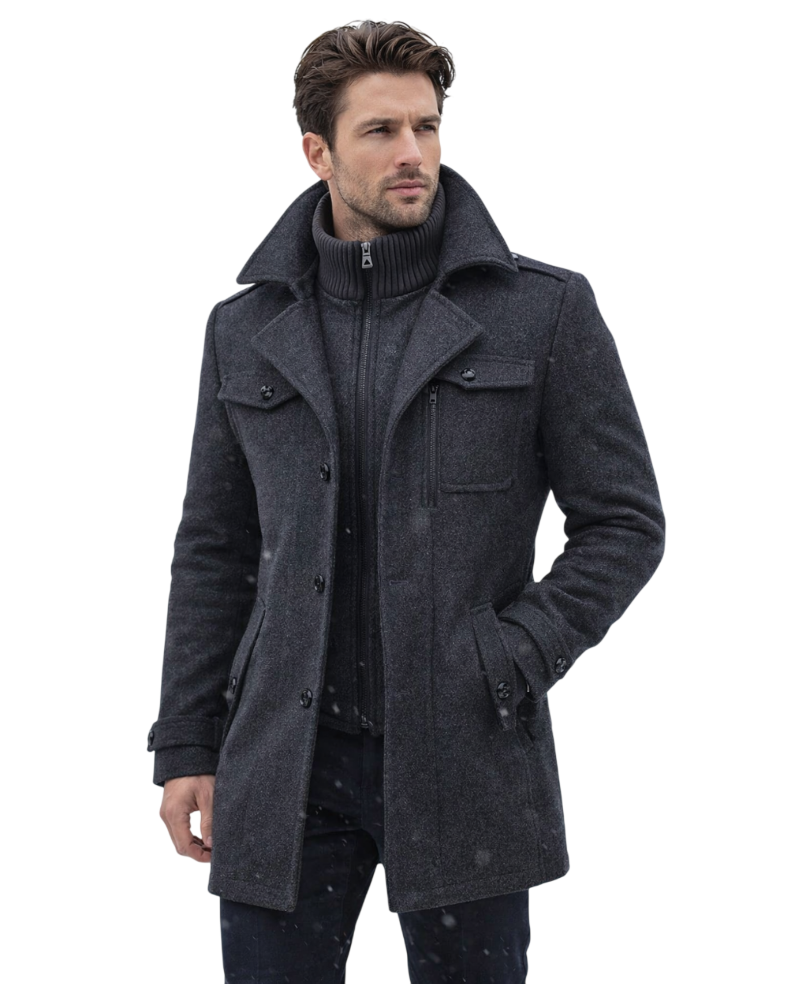 Men's Tweed Wool Trench Coat with Removable Collar