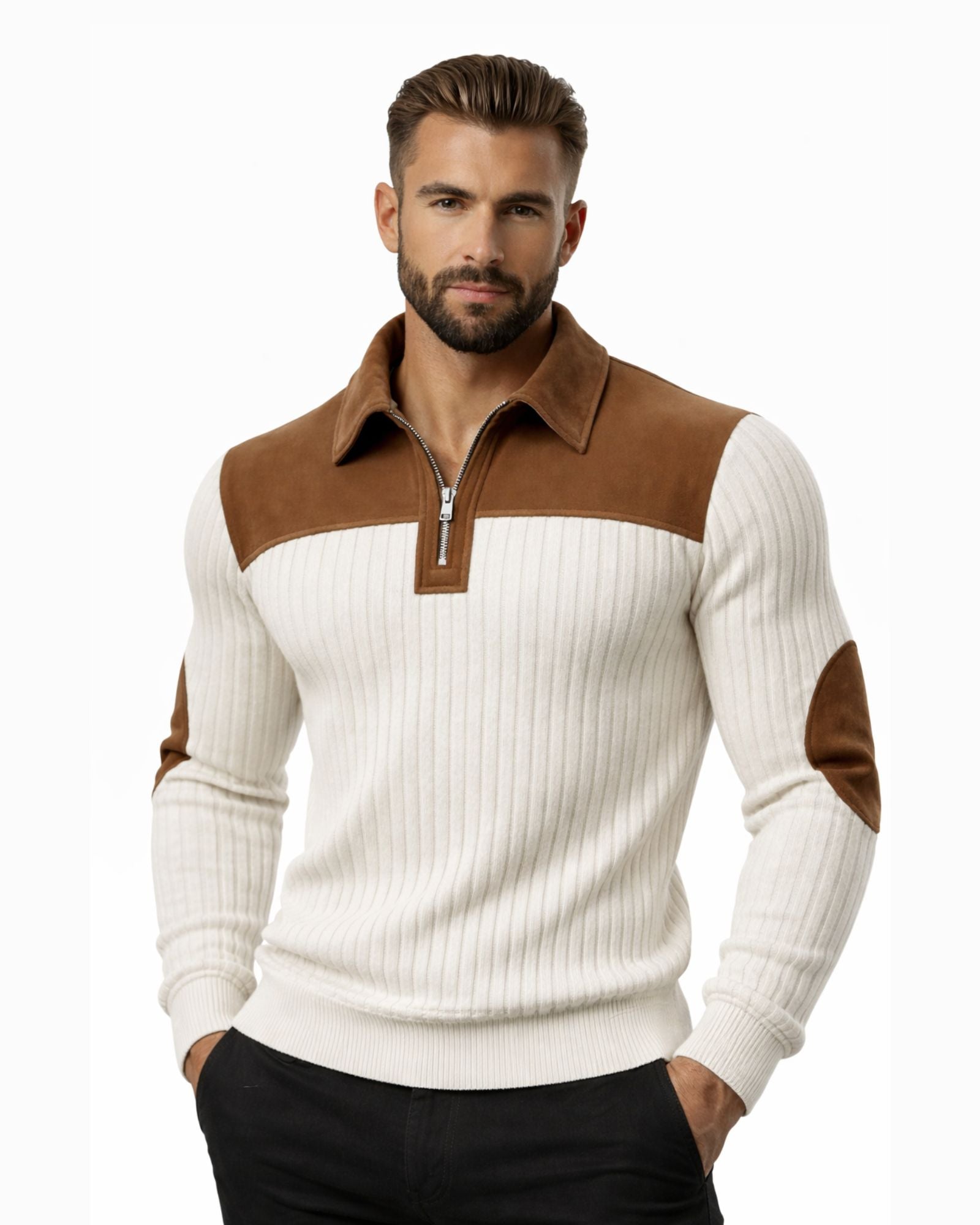 Men's High-Neck Color-Block Sweater with Zipper
